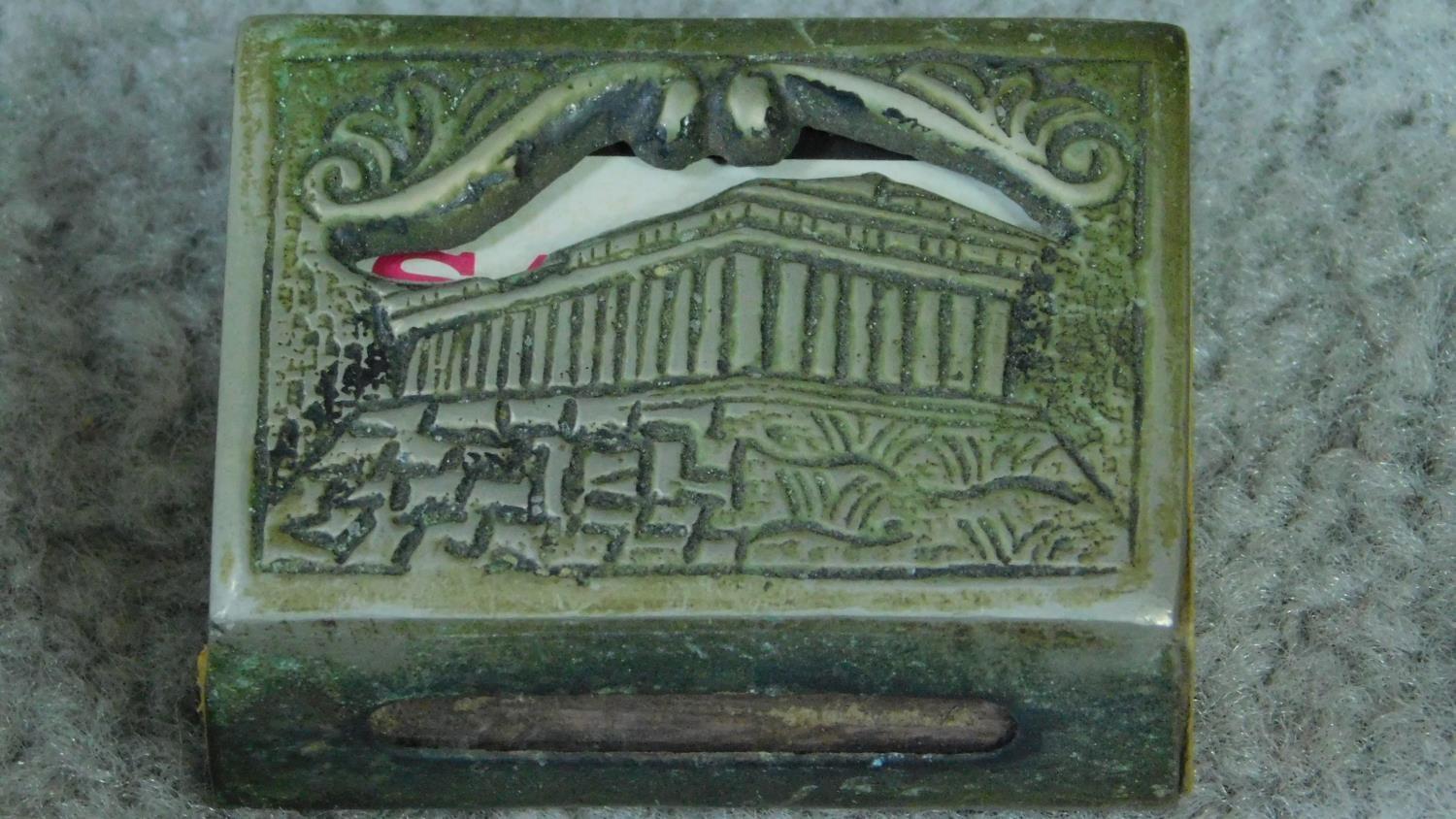 A collection of antique metal work including a metal engraved match box holder with the Greek - Image 4 of 7