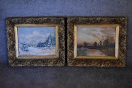 A pair of gilt framed oils on board, winter and summer landscapes, indistinctly signed. H.45 x 53cm