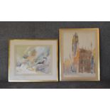 A framed and glazed watercolour, 'Cathedral of Gdansk' signed by Mano and the other of a Cornish