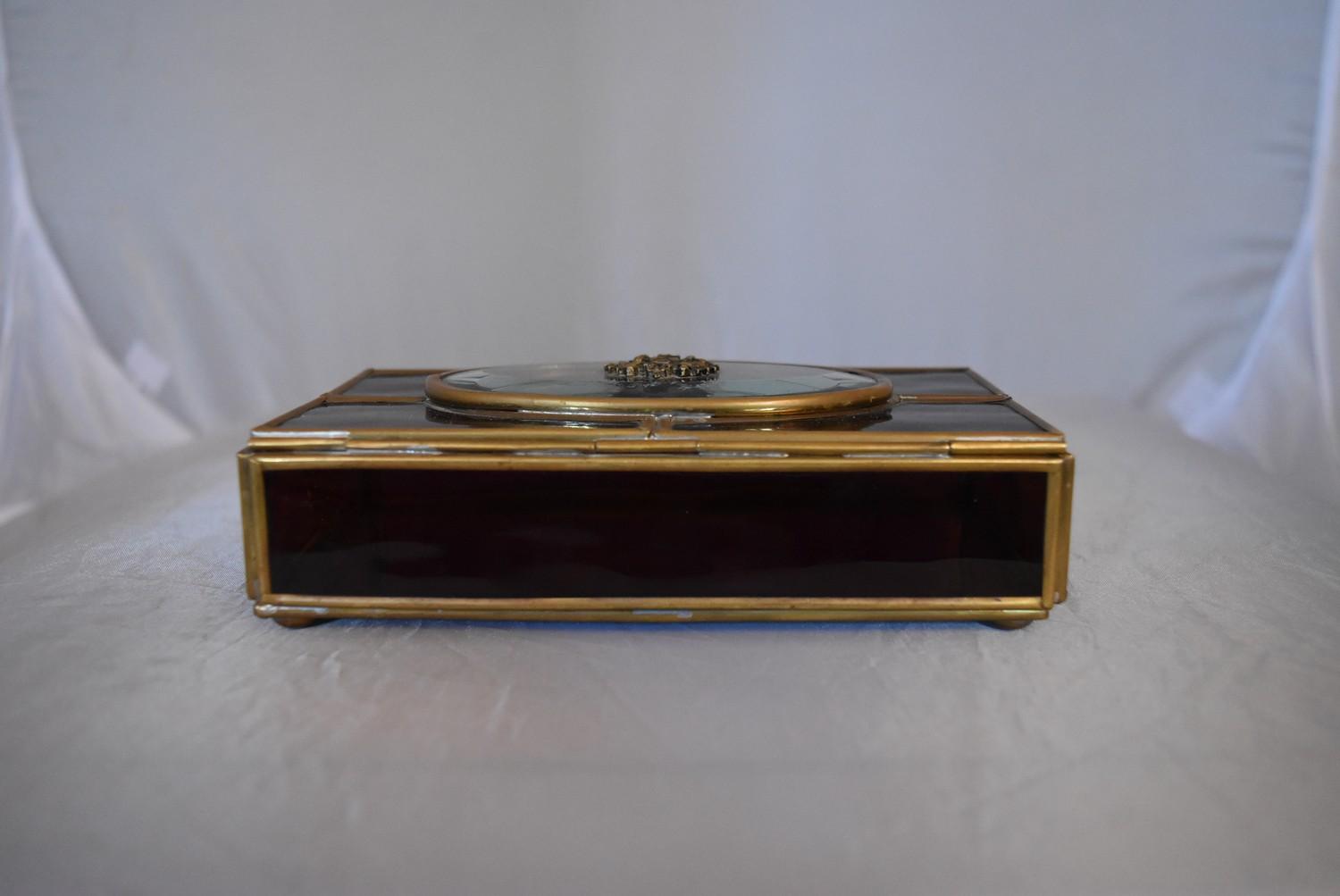 A vintage purple and clear stained glass panel and brass jewellery box. Mirrored panel to the bottom - Image 6 of 8