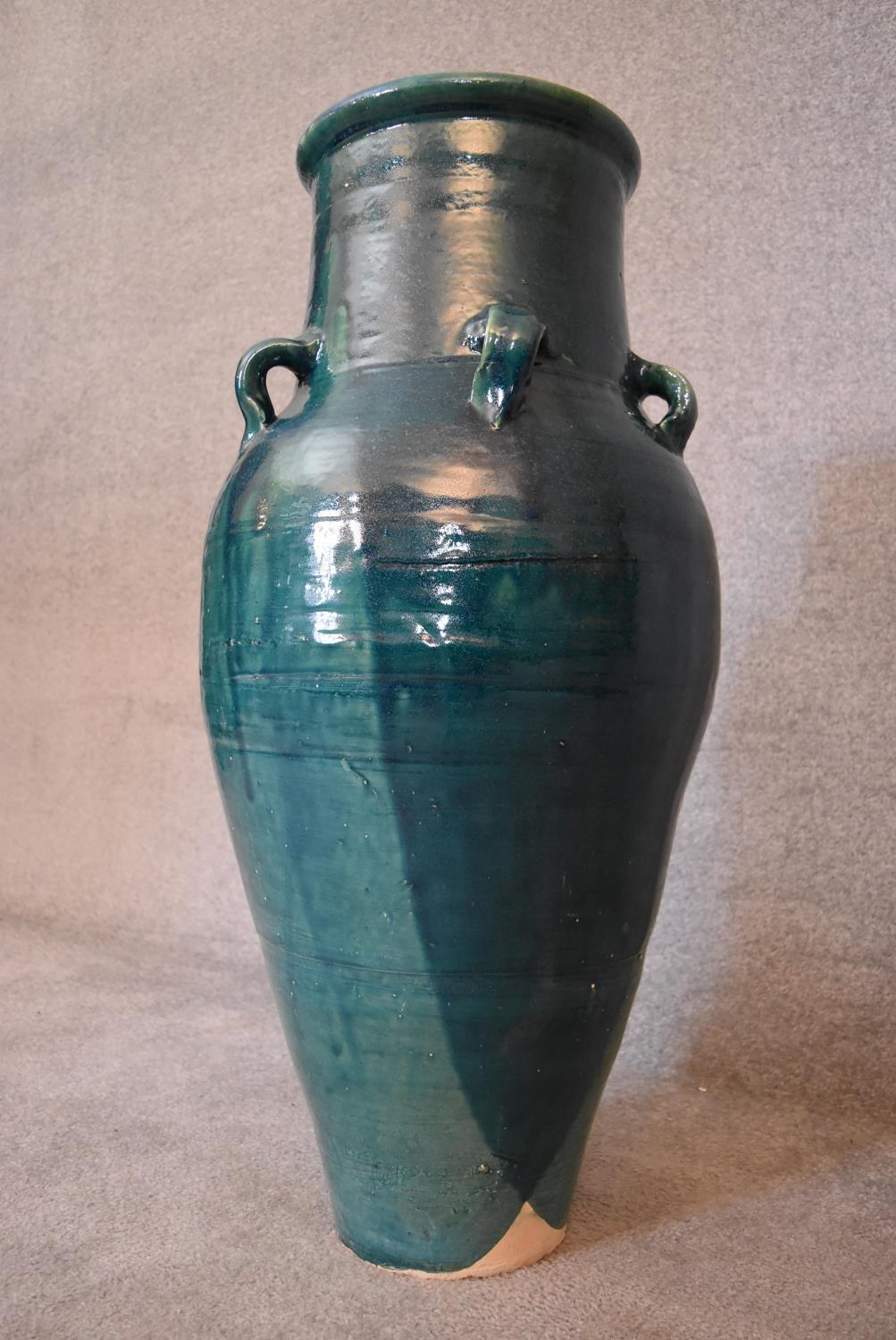 A large green drip glazed sharab wine vessel with six handles. H.93 x 30cm - Image 3 of 4