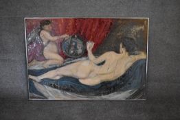A framed, oil on board, nude scene, from the studio of the late Jacqueline Morreau, unsigned. H.70