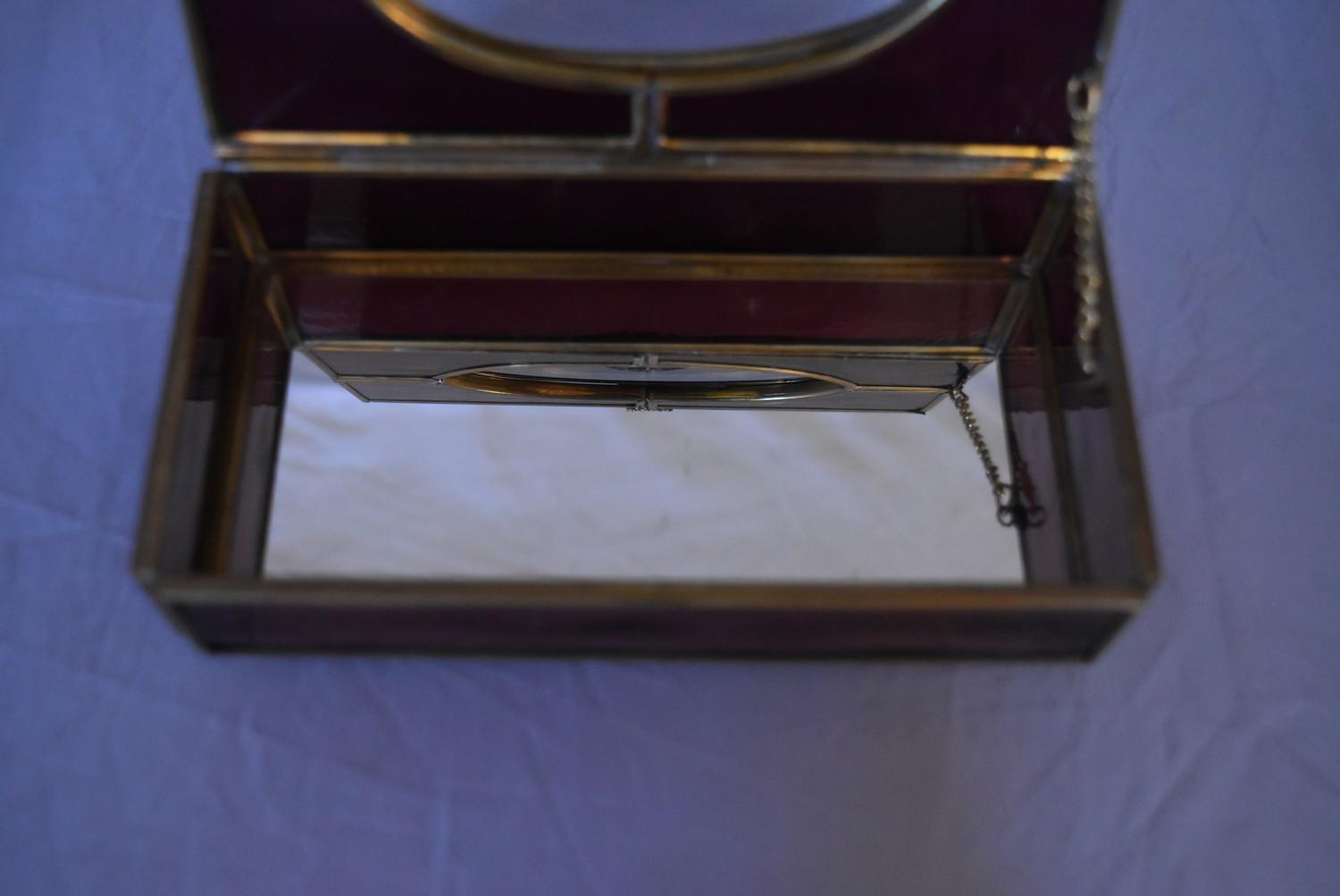 A vintage purple and clear stained glass panel and brass jewellery box. Mirrored panel to the bottom - Image 5 of 8