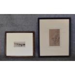 A pair of framed and glazed ink sketches, one of an oriental figure and the other a rural scene,