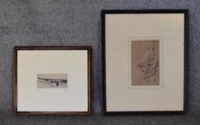 A pair of framed and glazed ink sketches, one of an oriental figure and the other a rural scene,