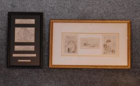19th century British school, three Grand Tour sketches, pen on paper, framed 13 x 30cm (overall) and