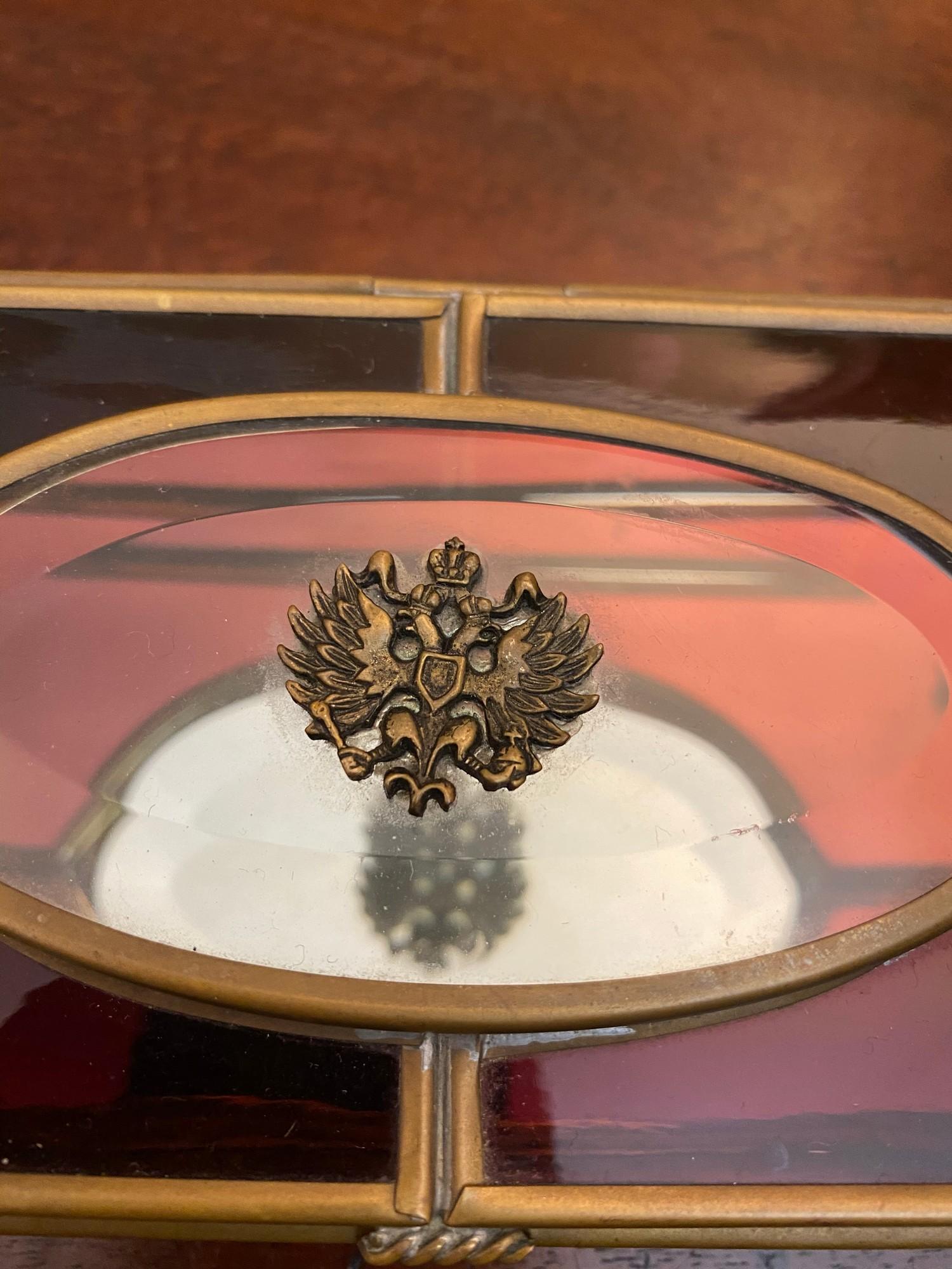 A vintage purple and clear stained glass panel and brass jewellery box. Mirrored panel to the bottom - Image 8 of 8