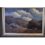 An oil on board, depicting a view of a farm, titled 'Melody of Poppies'. By Mark Geller, signed to