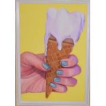 A large framed oil on board of a lady's hand holding an ice cream cornet. H.95 x 70cm