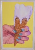 A large framed oil on board of a lady's hand holding an ice cream cornet. H.95 x 70cm