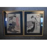 A pair of framed and glazed Japanese watercolours, Geishas, signed. (Damage to glass on one) H.49