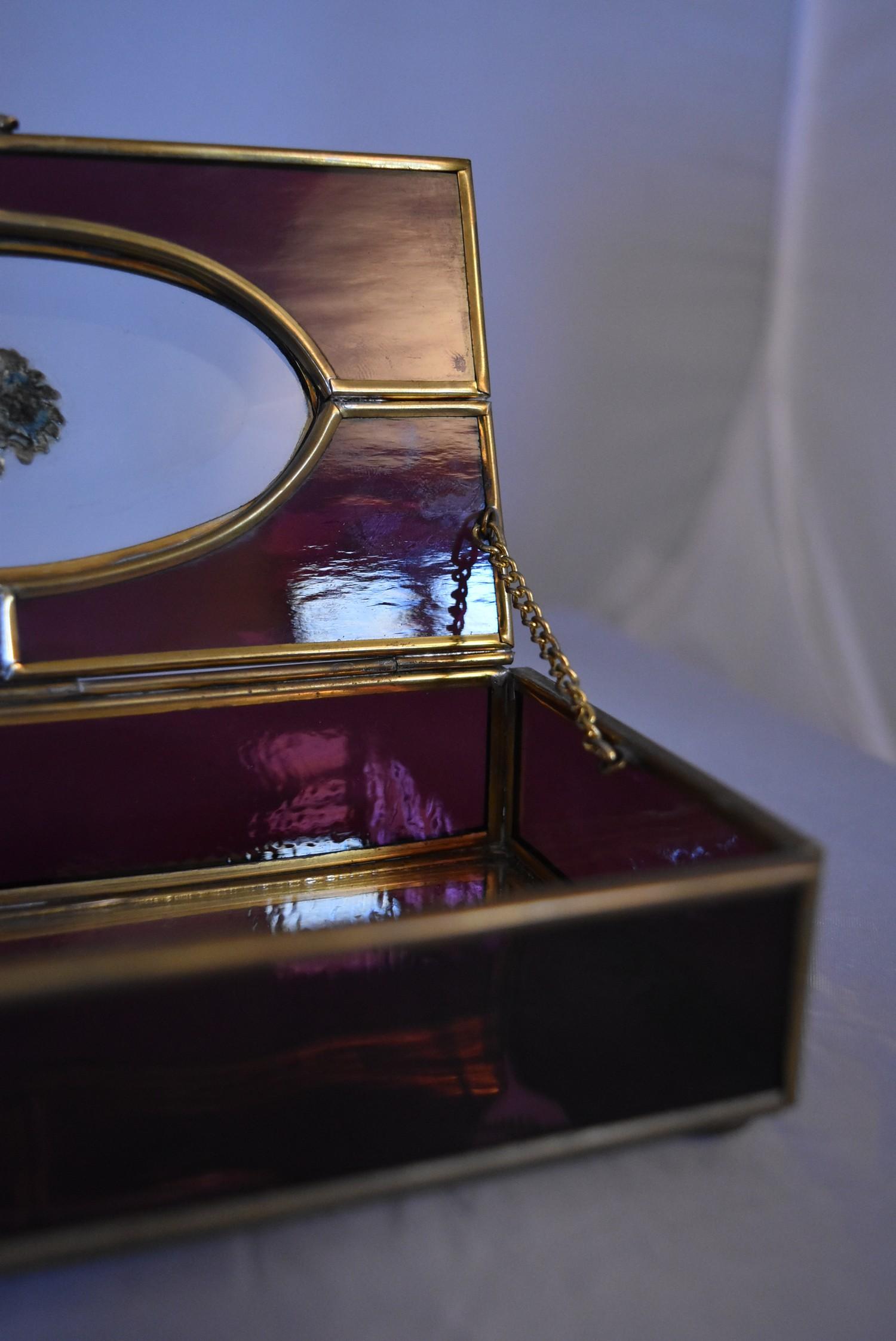 A vintage purple and clear stained glass panel and brass jewellery box. Mirrored panel to the bottom - Image 4 of 8