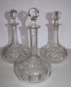 Three various Victorian cut glass decanters of bulbous form. H.28cm