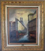 A large gilt framed oil on canvas, Parisian street scene. H.114 x 100cm