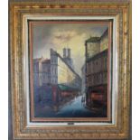 A large gilt framed oil on canvas, Parisian street scene. H.114 x 100cm