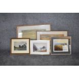 A framed and glazed watercolour, riverscape at sunset, signed Fred W Taylor and a collection of four