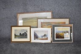 A framed and glazed watercolour, riverscape at sunset, signed Fred W Taylor and a collection of four