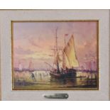 A gilt framed oil on board, a sailing ship, signed F. Sanchez. H.40cm x 45cm.