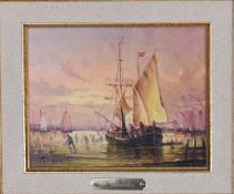 A gilt framed oil on board, a sailing ship, signed F. Sanchez. H.40cm x 45cm.