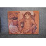 An oil on canvas, young boy sitting in a chair, from the studio of the late Jaqueline Morreau,