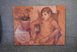 An oil on canvas, young boy sitting in a chair, from the studio of the late Jaqueline Morreau,