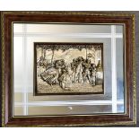 A framed mirror with applied silver moulded tableau depicting musicians and dancing. 72cm x 60cm.