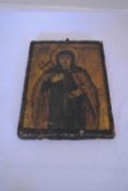 An antique painted icon on panel with Greek script. H.18 x 14cm