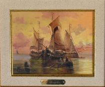 A gilt framed oil on board, sailing ship, indistinctly signed 40cm x 45cm.