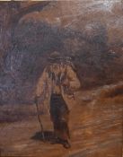 A gilt framed oil on board, elderly man walking, gallery label verso. H.42 x 36cm