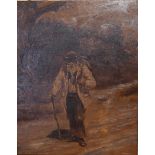 A gilt framed oil on board, elderly man walking, gallery label verso. H.42 x 36cm