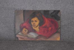 An oil on board, girl reading, from the studio of the late Jacqueline Morreau, unsigned. H.30 x 46cm