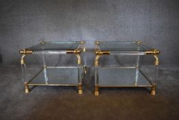 A pair of Empire style bedside tables with gilt metal rope motif, mirrored base and glass tops. H.60