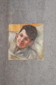 An oil on board, boy smiling, from the studio of the late Jacqueline Morreau, unsigned. H.30 x 30cm