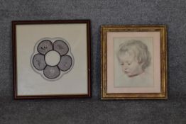 A framed and glazed etching of a young girl and a framed and glazed hand stitched textile. H.40 x