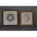 A framed and glazed etching of a young girl and a framed and glazed hand stitched textile. H.40 x