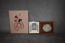 A hand decorated Art Deco style print, framed Rococo ceramic and a needlework of a bicycle. H.40 x