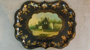 Victorian papier mâché gilded and hand painted tray with mother of pearl inlay to create the