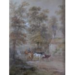 A carved gilt wood framed and glazed 20th century watercolour of cows being herded by a man on