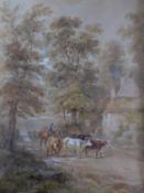 A carved gilt wood framed and glazed 20th century watercolour of cows being herded by a man on