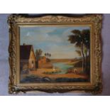 A carved gilt wood framed oil on canvas depicting a farm house by a lake. Signed J.F. 68. 65x55cm