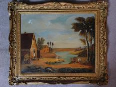 A carved gilt wood framed oil on canvas depicting a farm house by a lake. Signed J.F. 68. 65x55cm