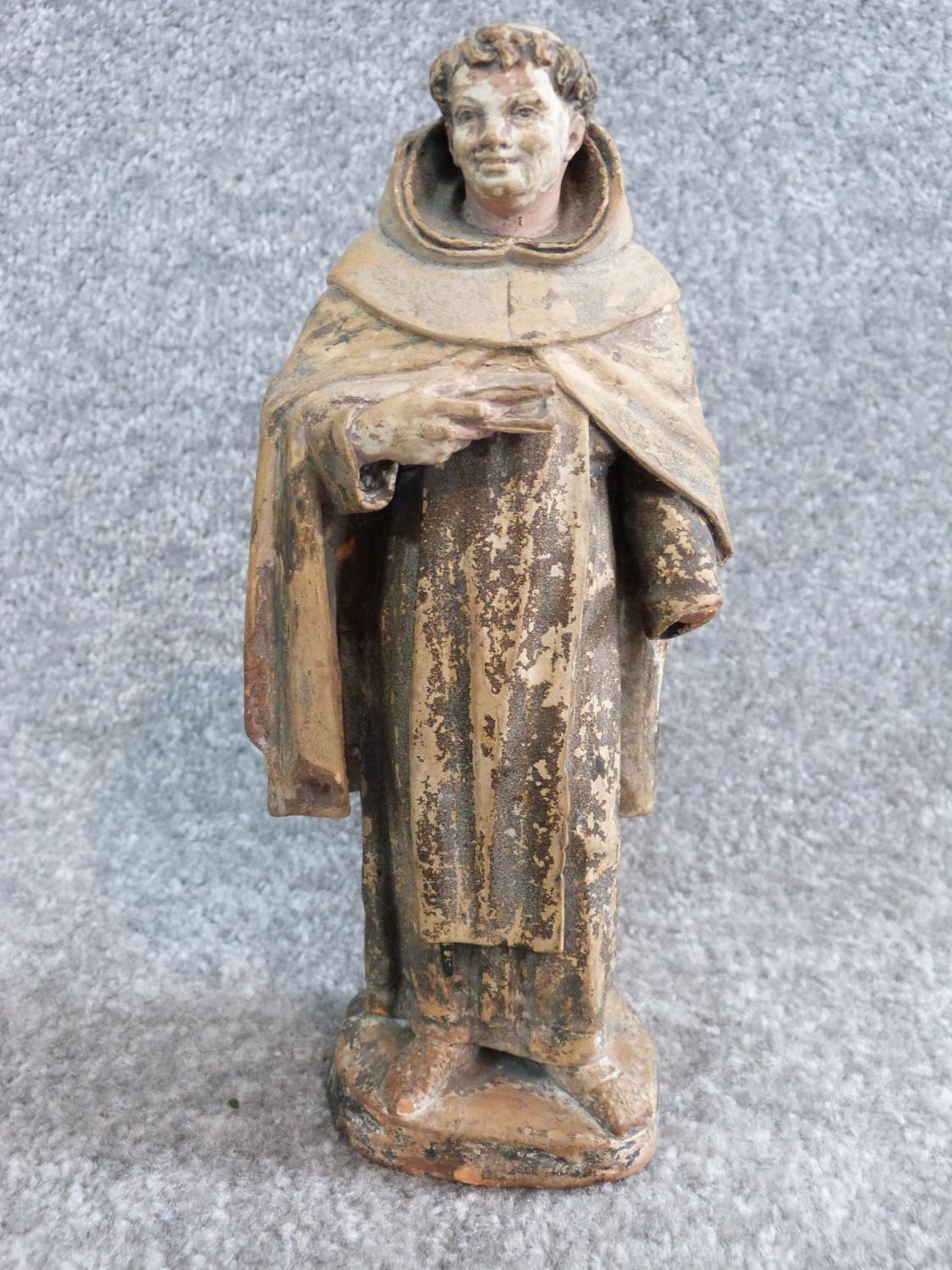 Two antique painted terracotta figures. One of a monk holding a candle and a bible and the other - Image 9 of 14