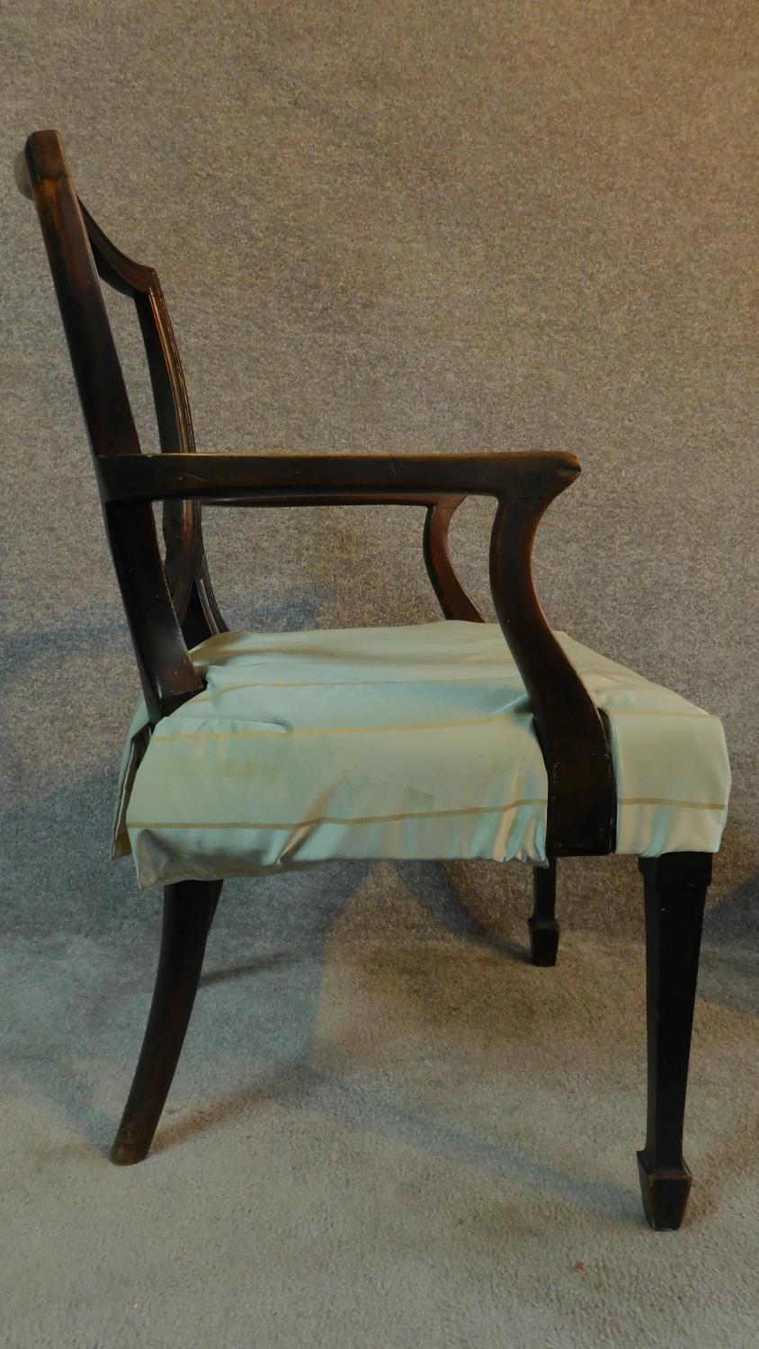 A set of six mahogany Hepplewhite style dining chairs in green striped upholstery raised on square - Image 7 of 8