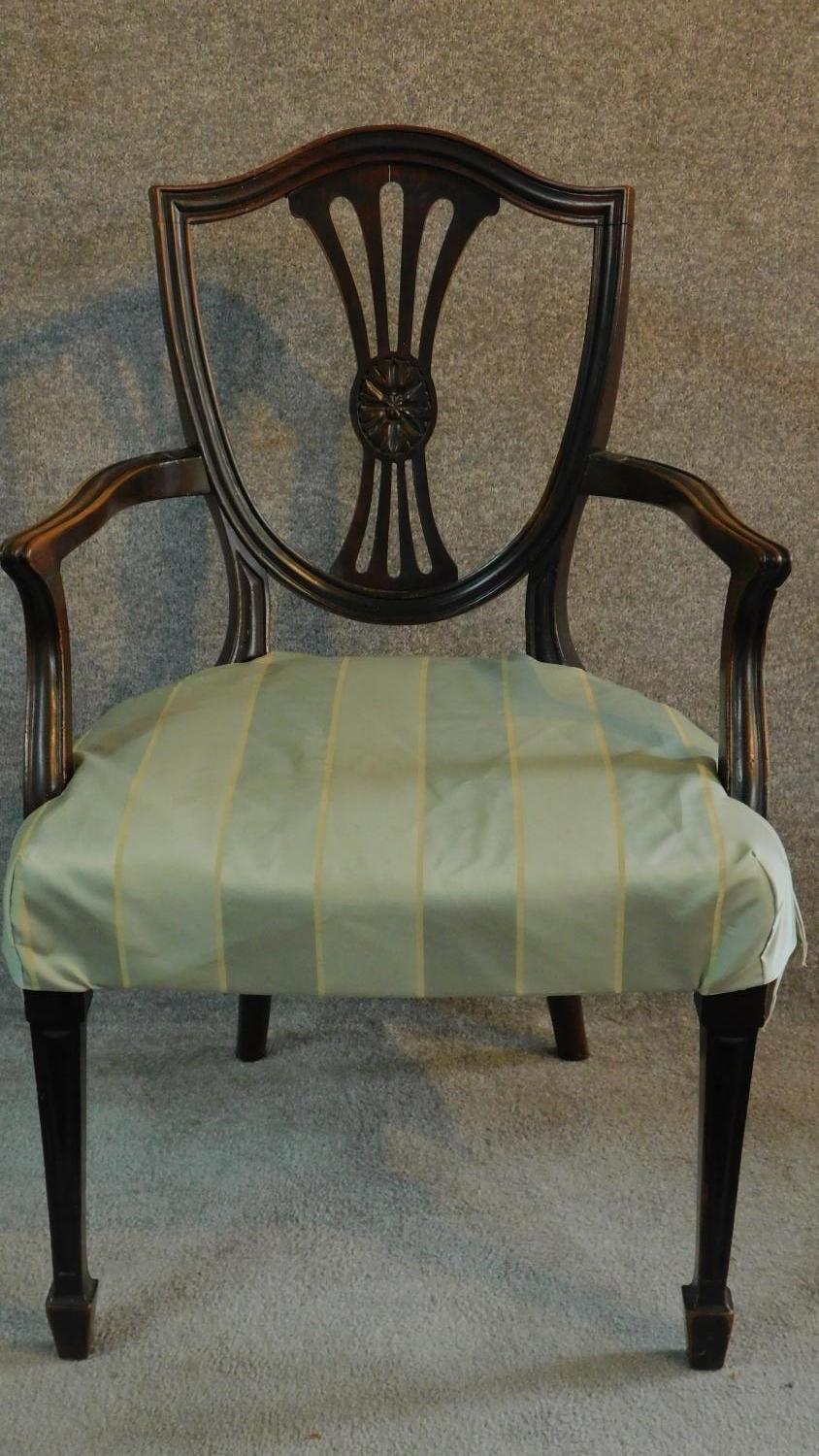 A set of six mahogany Hepplewhite style dining chairs in green striped upholstery raised on square - Image 2 of 8