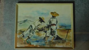 A framed and glazed watercolour of two men pushing out a boat. Signed Rafael Contreras, 1962.