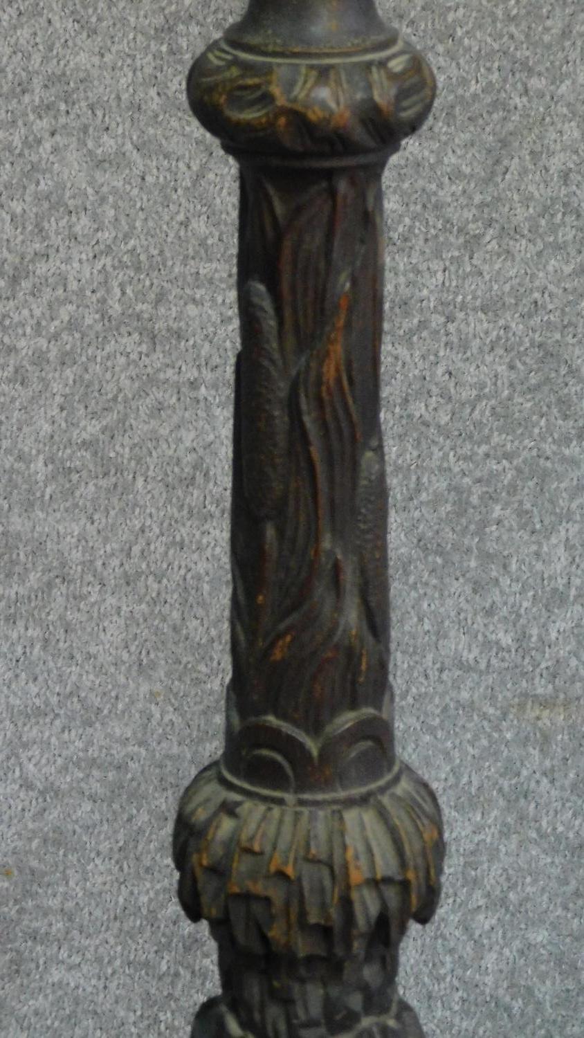 A carved oak Victorian pole screen on naturalistic base, fitted glazed panel. H.158cm - Image 4 of 6