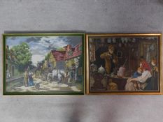 Two embroideries depicting a village scenery and an apothecary store. H.69 W.51cm