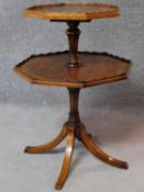 A Victorian mahogany two tier dumb waiter on swept tripod supports. H.67 W.46 D.46cm