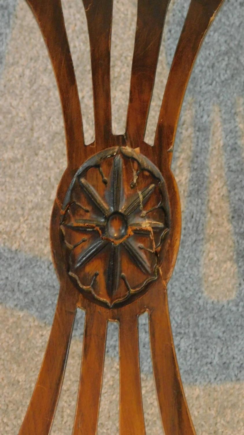 A set of six mahogany Hepplewhite style dining chairs in green striped upholstery raised on square - Image 3 of 8