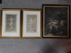 Three framed and glazed antique engravings, all depicting various classical sculptures and scenes.